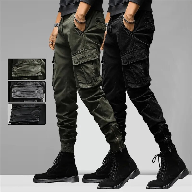 Vyriškos krovininės kelnės Vienspalvės kelių kišenių elastinės juosmens raištelės Laisvos gatvės aprangos tiesios kulkšnies surištos darbo kelnės kasdienai