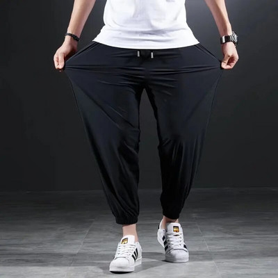 Pantaloni casual din mătase de gheață cu uscare rapidă de vară Pantaloni ultra-subțiri, elastici, în nouă puncte, pentru bărbați, largi, solizi, respirabili.