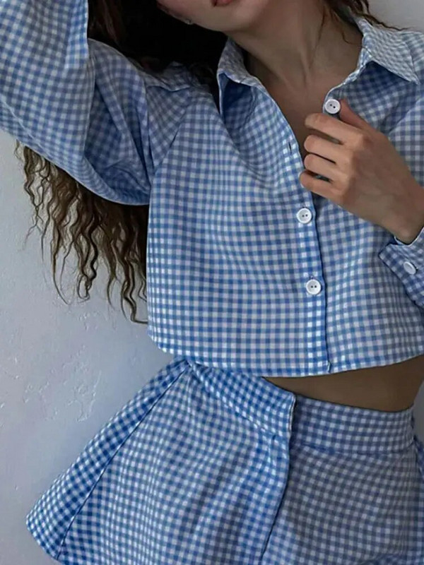 Seturi două piese pentru femei 2023 ocazional carouri guler polo cu mânecă scurtă, cămașă cu mânecă scurtă, set de pantaloni scurți, set 2 piese ținută pentru femei