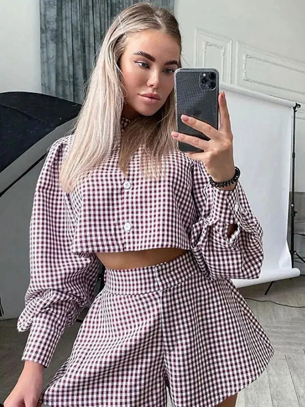 Seturi două piese pentru femei 2023 ocazional carouri guler polo cu mânecă scurtă, cămașă cu mânecă scurtă, set de pantaloni scurți, set 2 piese ținută pentru femei