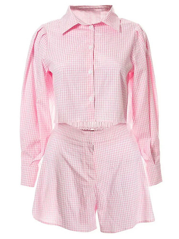 Seturi două piese pentru femei 2023 ocazional carouri guler polo cu mânecă scurtă, cămașă cu mânecă scurtă, set de pantaloni scurți, set 2 piese ținută pentru femei