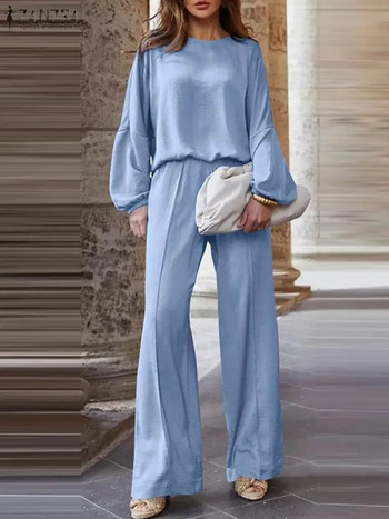ZANZEA Елегантен едноцветен костюм с дълъг ръкав и широки панталони с О-образно деколте 2 бр. Модни OL работни съвпадащи комплекти Ежедневни свободни градски анцузи 2024