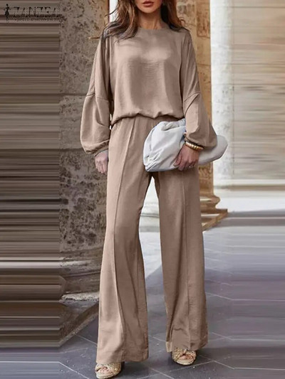 ZANZEA Elegantný jednofarebný oblek s dlhým rukávom, výstrihom do O, široké nohavice, 2 ks, módne OL pracovné súpravy, ležérne voľné mestské tepláky 2024