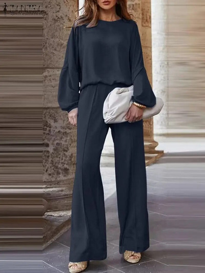 ZANZEA Elegantný jednofarebný oblek s dlhým rukávom, výstrihom do O, široké nohavice, 2 ks, módne OL pracovné súpravy, ležérne voľné mestské tepláky 2024