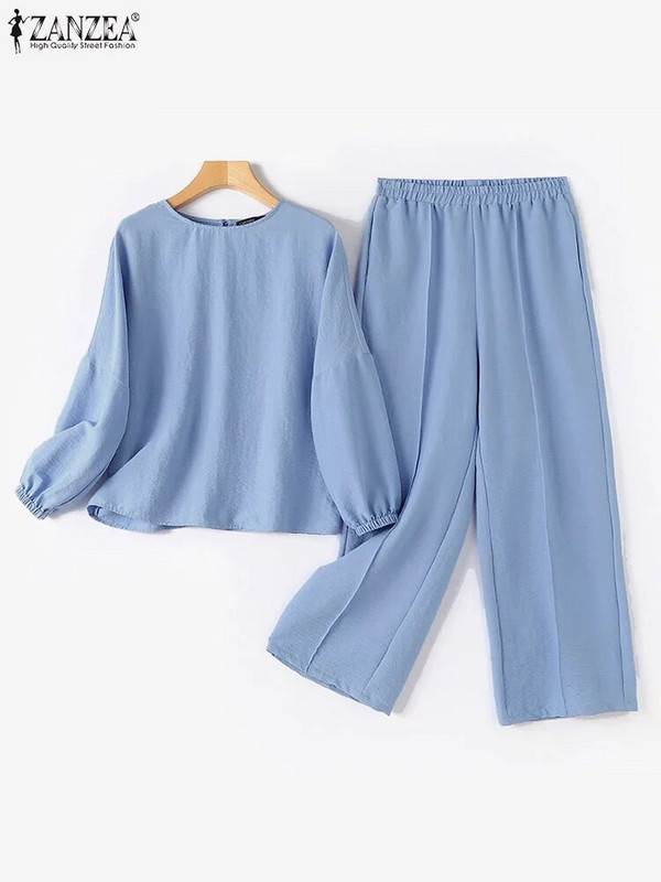 ZANZEA Elegantný jednofarebný oblek s dlhým rukávom, výstrihom do O, široké nohavice, 2 ks, módne OL pracovné súpravy, ležérne voľné mestské tepláky 2024