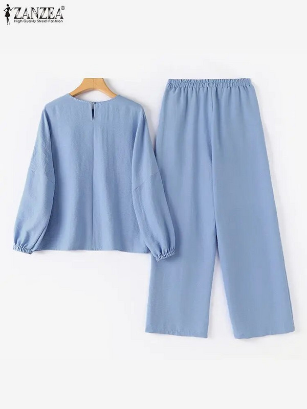 ZANZEA Elegantný jednofarebný oblek s dlhým rukávom, výstrihom do O, široké nohavice, 2 ks, módne OL pracovné súpravy, ležérne voľné mestské tepláky 2024