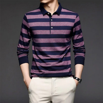 Пролетен и есенен мъжки пуловер Поло с регулируемо контрастно копче Тениска с дълъг ръкав Поло долнище Модни ежедневни официални горнища