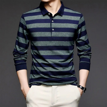 Пролетен и есенен мъжки пуловер Поло с регулируемо контрастно копче Тениска с дълъг ръкав Поло долнище Модни ежедневни официални горнища