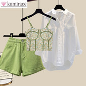 Leto 2023 Nové dámske tričko veľkosti L s fragmentovaným kvetinovým remienkom a vysokým pásom, trojdielne dámske šortky, dámske oblečenie