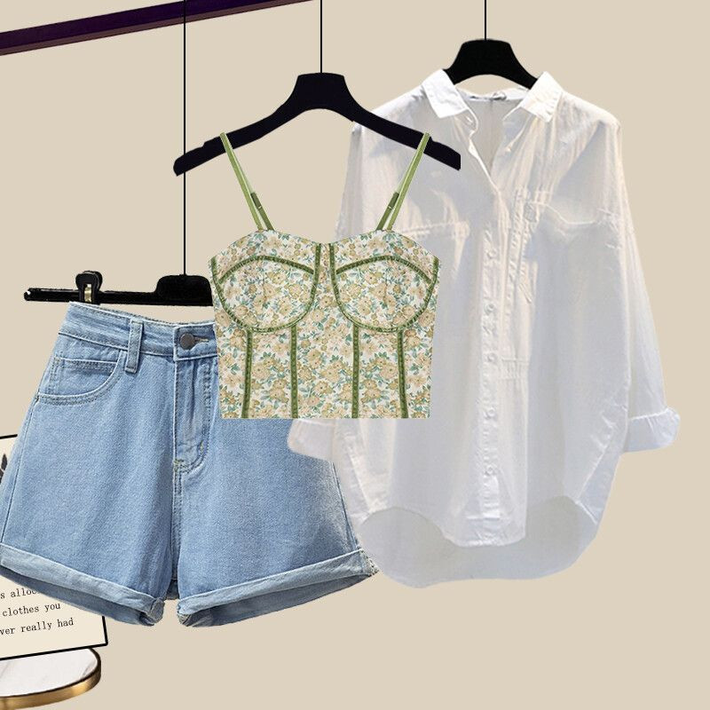 Leto 2023 Nové dámske tričko veľkosti L s fragmentovaným kvetinovým remienkom a vysokým pásom, trojdielne dámske šortky, dámske oblečenie
