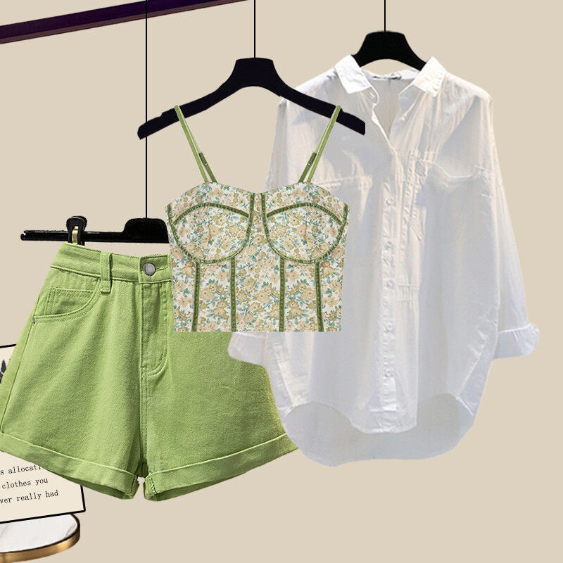Leto 2023 Nové dámske tričko veľkosti L s fragmentovaným kvetinovým remienkom a vysokým pásom, trojdielne dámske šortky, dámske oblečenie