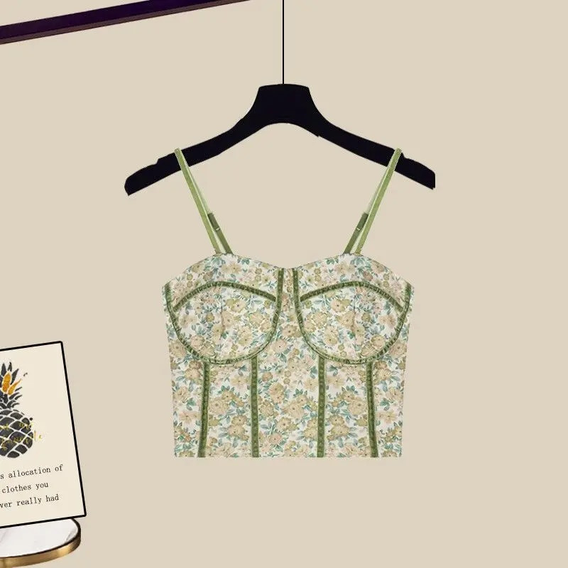 Leto 2023 Nové dámske tričko veľkosti L s fragmentovaným kvetinovým remienkom a vysokým pásom, trojdielne dámske šortky, dámske oblečenie