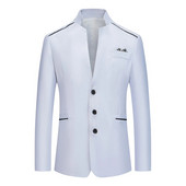 Blazer de costum formal pentru bărbați Jachetă slim cu guler în picioare, haină cu nasturi de lucru pentru afaceri, alb/gri/roz/roșu/albastru marin