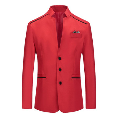 Blazer de costum formal pentru bărbați Jachetă slim cu guler în picioare, haină cu nasturi de lucru pentru afaceri, alb/gri/roz/roșu/albastru marin