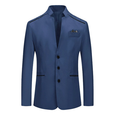 Blazer de costum formal pentru bărbați Jachetă slim cu guler în picioare, haină cu nasturi de lucru pentru afaceri, alb/gri/roz/roșu/albastru marin