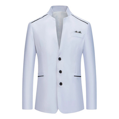 Blazer de costum formal pentru bărbați Jachetă slim cu guler în picioare, haină cu nasturi de lucru pentru afaceri, alb/gri/roz/roșu/albastru marin