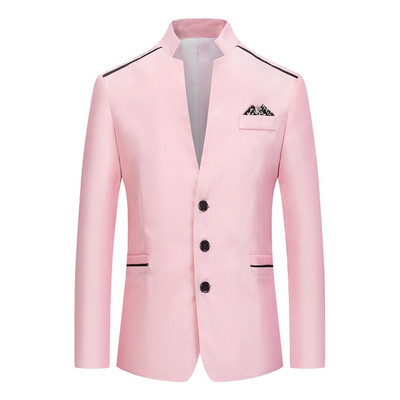 Blazer de costum formal pentru bărbați Jachetă slim cu guler în picioare, haină cu nasturi de lucru pentru afaceri, alb/gri/roz/roșu/albastru marin