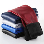 Zimné dievčenské kožené nohavice plus zamatové legíny PU hrubé teplé ceruzkové nohavice pre deti s elastickým pásom, jednofarebné ležérne nohavice