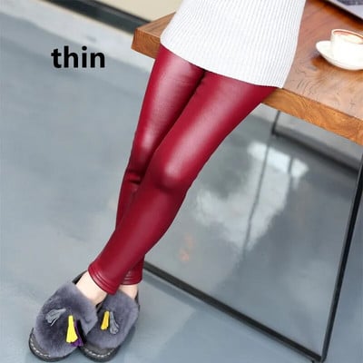 Zimné dievčenské kožené nohavice plus zamatové legíny PU hrubé teplé ceruzkové nohavice pre deti s elastickým pásom, jednofarebné ležérne nohavice