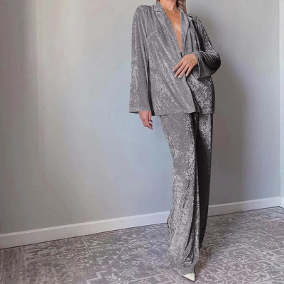 Kancelárske ležérne jednofarebné zamatové oblečenie Módne klopové gombíky s dlhým rukávom a dlhé nohavice Súpravy pre ženy Elegantné voľné dvojdielne obleky