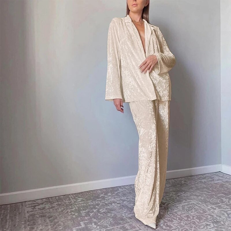 Kancelárske ležérne jednofarebné zamatové oblečenie Módne klopové gombíky s dlhým rukávom a dlhé nohavice Súpravy pre ženy Elegantné voľné dvojdielne obleky