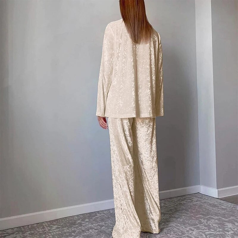 Kancelárske ležérne jednofarebné zamatové oblečenie Módne klopové gombíky s dlhým rukávom a dlhé nohavice Súpravy pre ženy Elegantné voľné dvojdielne obleky