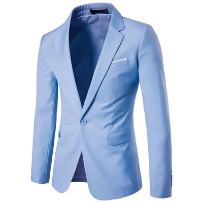 Blazer pentru bărbați, cu un singur nasture, de culoare solidă, guler răsturnat, cu buzunare subțiri, pentru birou