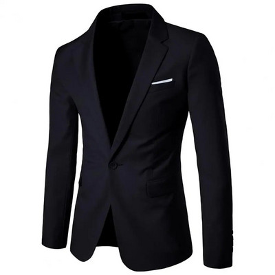 Blazer pentru bărbați, cu un singur nasture, de culoare solidă, guler răsturnat, cu buzunare subțiri, pentru birou