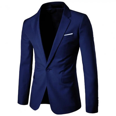 Blazer pentru bărbați, cu un singur nasture, de culoare solidă, guler răsturnat, cu buzunare subțiri, pentru birou
