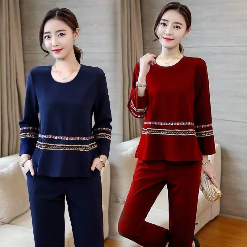 Jarné nové dámske oblečenie 2023 s dlhým rukávom, ležérne teplákové súpravy, elegantné matky, módne, s výstrihom do O, štíhle kancelárske dámske dvojdielne súpravy W21