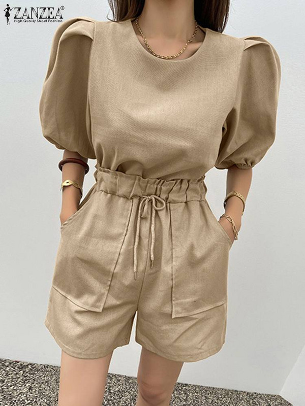 Ležérne nafúknuté topy s krátkym rukávom, outfity ZANZEA, dámske 2-dielne zladené súpravy, módne elastické pásové šortky, súpravy, ležérne leto 2023, obleky