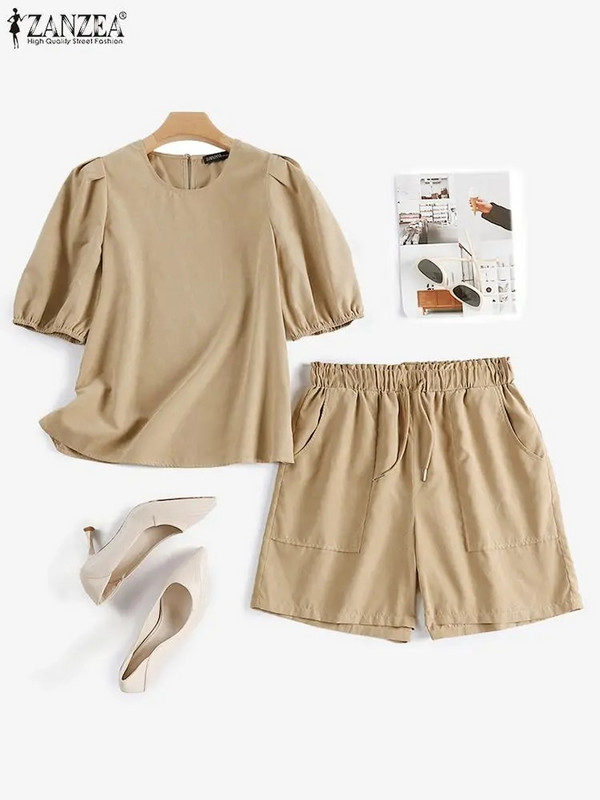 Ležérne nafúknuté topy s krátkym rukávom, outfity ZANZEA, dámske 2-dielne zladené súpravy, módne elastické pásové šortky, súpravy, ležérne leto 2023, obleky