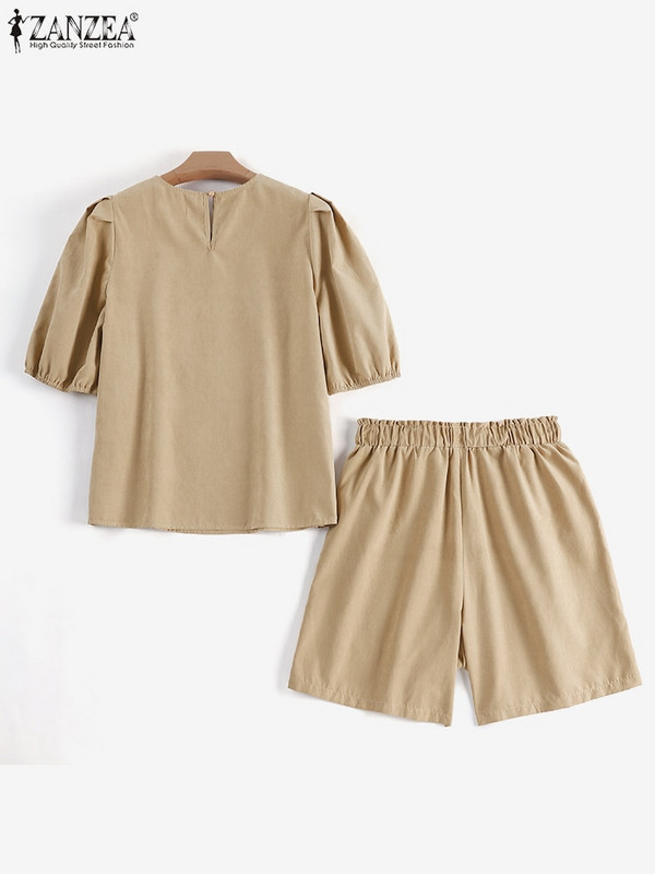 Ležérne nafúknuté topy s krátkym rukávom, outfity ZANZEA, dámske 2-dielne zladené súpravy, módne elastické pásové šortky, súpravy, ležérne leto 2023, obleky