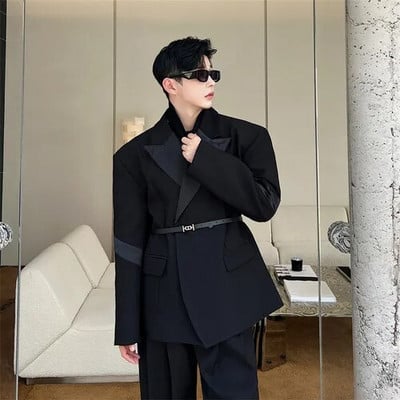 LUZHEN 2024 Jarný nový kórejský štýl s golierom, elegantný a krásny sako pre mužov, módny opasok s ozdobným kabátom 63f53e