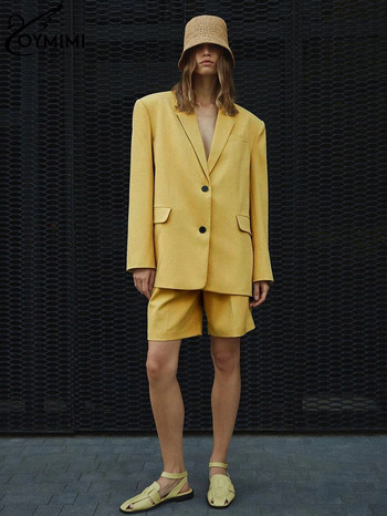 Oymimi Fashion Свободни жълти комплекти къси панталони за офис за жени Елегантен блейзър с дълги ръкави и висока талия от 2 части, женски костюми