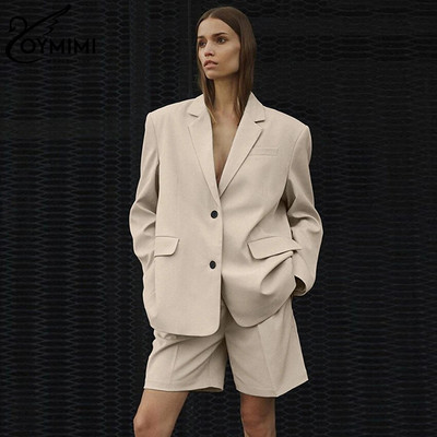 Oymimi Fashion Seturi de pantaloni scurți de birou galbeni largi pentru femei 2 piese Blazer elegant cu mâneci lungi, cu pantaloni scurți cu talie înaltă, costume pentru femeie