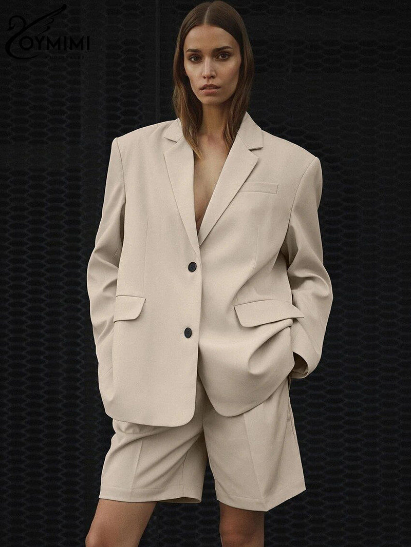Oymimi Fashion Seturi de pantaloni scurți de birou galbeni largi pentru femei 2 piese Blazer elegant cu mâneci lungi, cu pantaloni scurți cu talie înaltă, costume pentru femeie