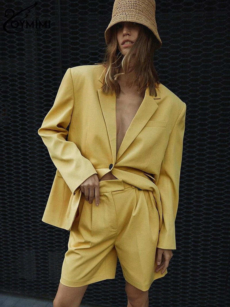 Oymimi Fashion Seturi de pantaloni scurți de birou galbeni largi pentru femei 2 piese Blazer elegant cu mâneci lungi, cu pantaloni scurți cu talie înaltă, costume pentru femeie