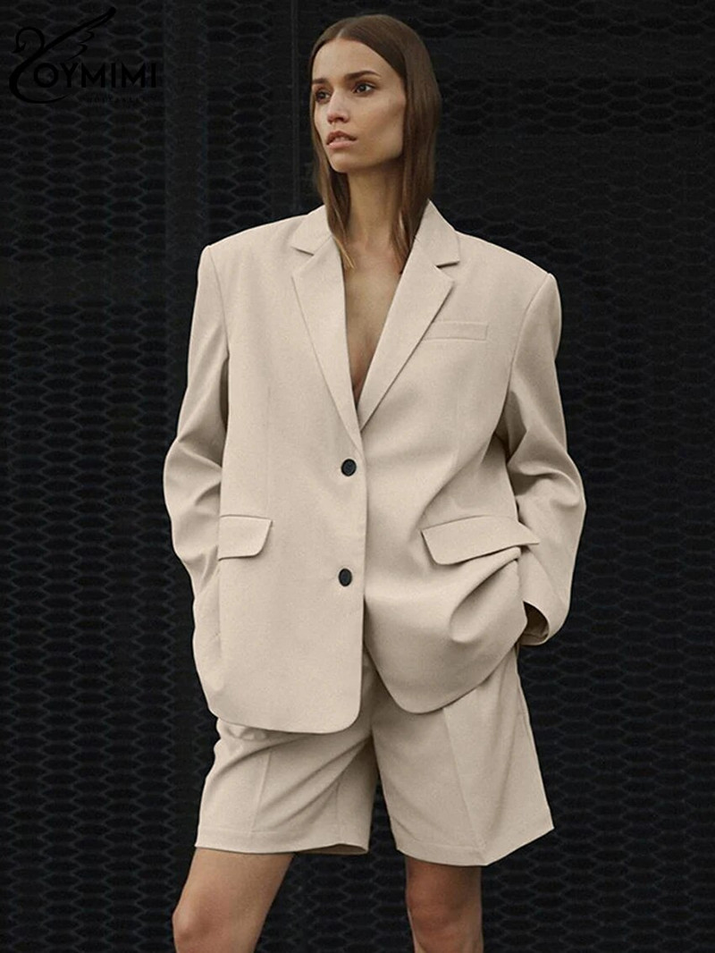 Oymimi Fashion Seturi de pantaloni scurți de birou galbeni largi pentru femei 2 piese Blazer elegant cu mâneci lungi, cu pantaloni scurți cu talie înaltă, costume pentru femeie