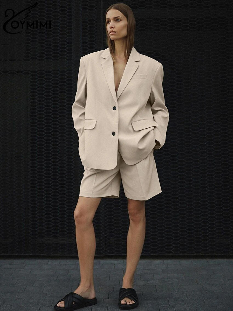 Oymimi Fashion Seturi de pantaloni scurți de birou galbeni largi pentru femei 2 piese Blazer elegant cu mâneci lungi, cu pantaloni scurți cu talie înaltă, costume pentru femeie
