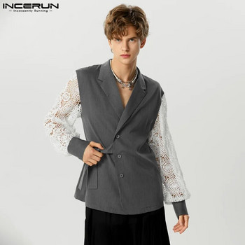 INCERUN μπλουζάκια 2023, όμορφο ανδρικό ανδρικό στυλ, κούφιο κουστούμι με λουράκι με κούφιο σχέδιο Κοστούμι casual καλά εφαρμοστό μπουφάν S-5XL