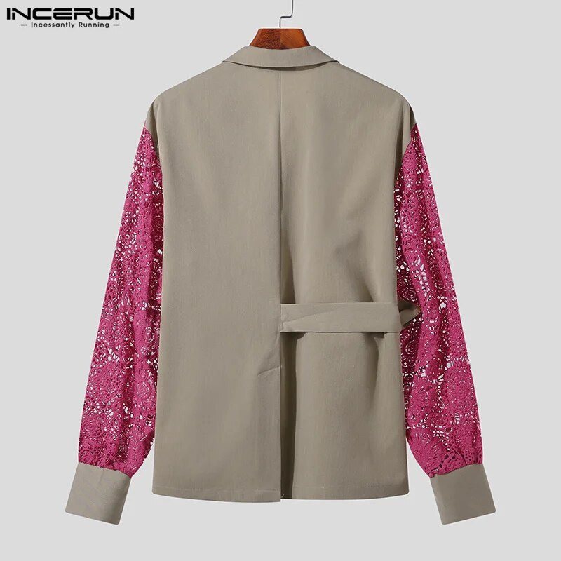 INCERUN Topy 2023 Americký štýl Pekný pánsky čipkovaný dutý spájací popruh Dizajnový oblek Ležérny Dobre padnúci oblek Bundy S-5XL