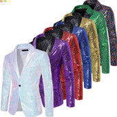 Jachetă de costum cu paiete strălucitoare Palton de spectacol pentru bărbați Alb Argintiu Albastru Roșu Violet Blazere Decolteu în V Un singur buton SML XL XXL