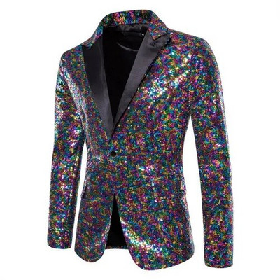 Jachetă de costum cu paiete strălucitoare Palton de spectacol pentru bărbați Alb Argintiu Albastru Roșu Violet Blazere Decolteu în V Un singur buton SML XL XXL