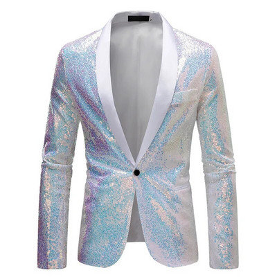 Jachetă de costum cu paiete strălucitoare Palton de spectacol pentru bărbați Alb Argintiu Albastru Roșu Violet Blazere Decolteu în V Un singur buton SML XL XXL