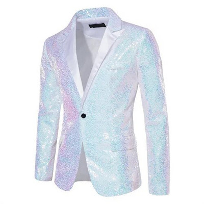 Jachetă de costum cu paiete strălucitoare Palton de spectacol pentru bărbați Alb Argintiu Albastru Roșu Violet Blazere Decolteu în V Un singur buton SML XL XXL
