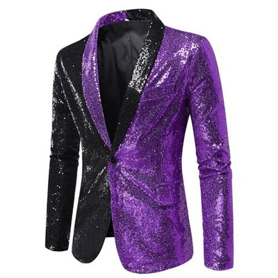 Jachetă de costum cu paiete strălucitoare Palton de spectacol pentru bărbați Alb Argintiu Albastru Roșu Violet Blazere Decolteu în V Un singur buton SML XL XXL