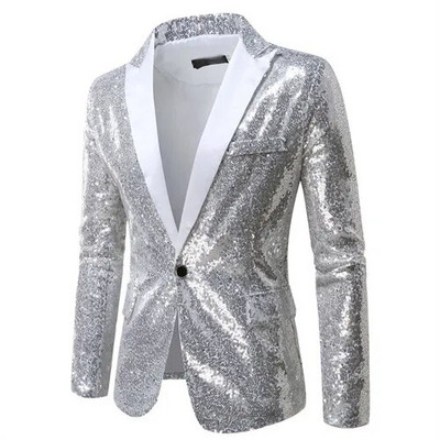 Jachetă de costum cu paiete strălucitoare Palton de spectacol pentru bărbați Alb Argintiu Albastru Roșu Violet Blazere Decolteu în V Un singur buton SML XL XXL