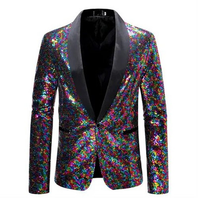 Jachetă de costum cu paiete strălucitoare Palton de spectacol pentru bărbați Alb Argintiu Albastru Roșu Violet Blazere Decolteu în V Un singur buton SML XL XXL