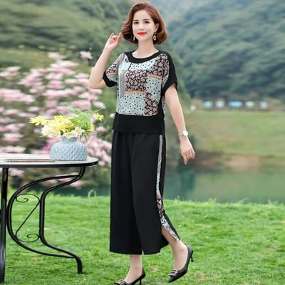 Mamino oblečenie 2-dielna súprava Letné dámske šifónové tričko s potlačou Topy Dvojdielne voľné tričko s krátkym rukávom + nohavice Kostýmy